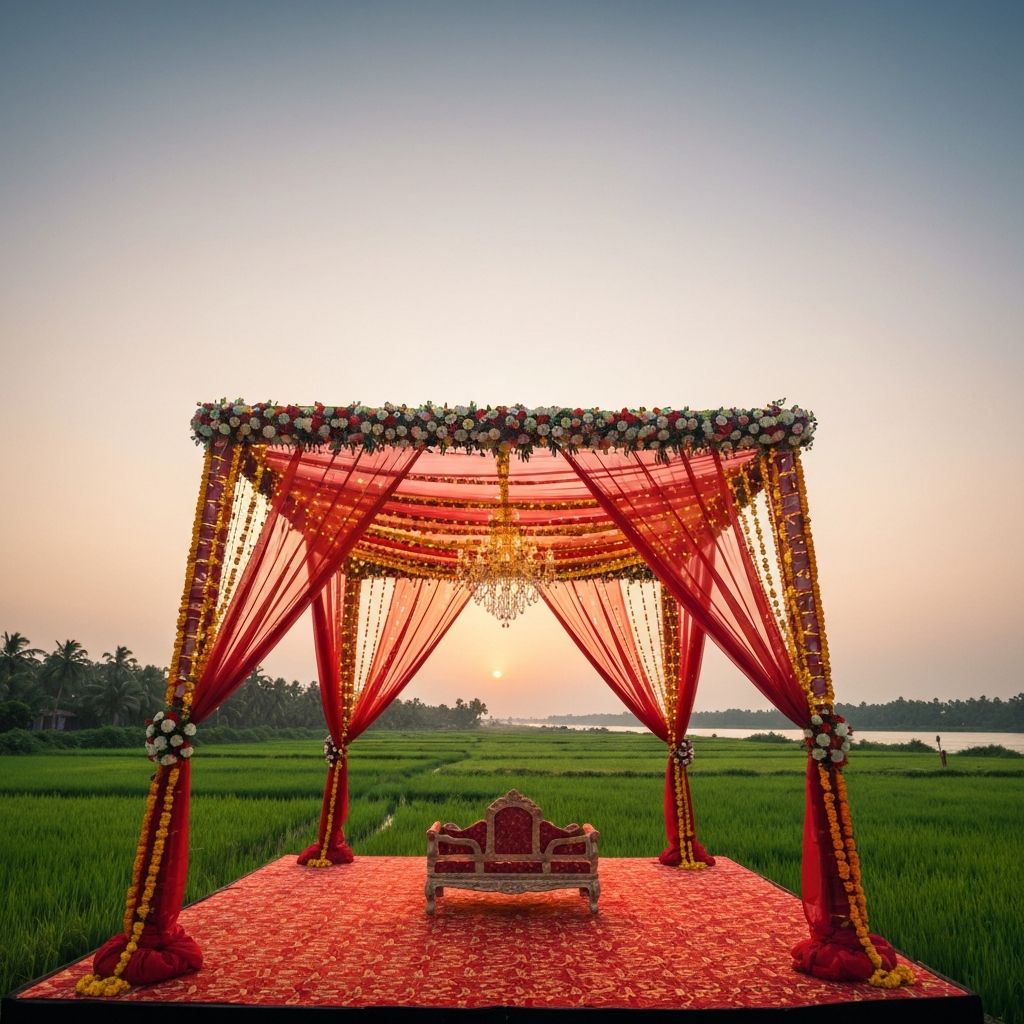 Beautifully decorated wedding mandap at sunset on a Goa beach